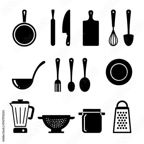 Collection of kitchen utensils and cookware icons in black silhouette style