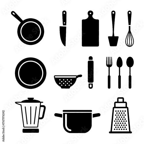 Collection of kitchen utensils and cookware icons in black silhouette style