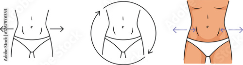 Waist motion illustration, abdominal transformation diagram, body movement concept, fitness anatomy, torso rotation, health visual, exercise arrows, slimming, contour, shape