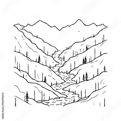 Serene mountain landscape unfolds with winding river and sparse trees in minimalist illustration