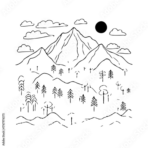 Serene mountainscape sketch featuring towering peaks evergreen forests soft clouds and a tranquil