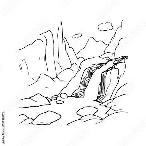 Serene mountain landscape with cascading waterfall creating a peaceful atmosphere for coloring