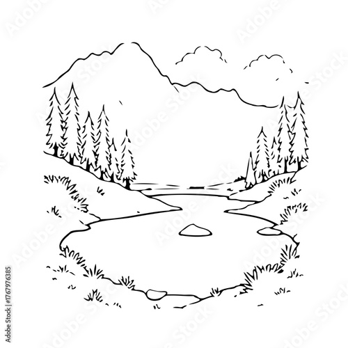 Serene mountain landscape with lake and forest illustration providing a tranquil escape into