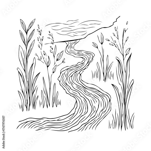 Serene river flowing through lush fields in minimalist vector illustration offering tranquility