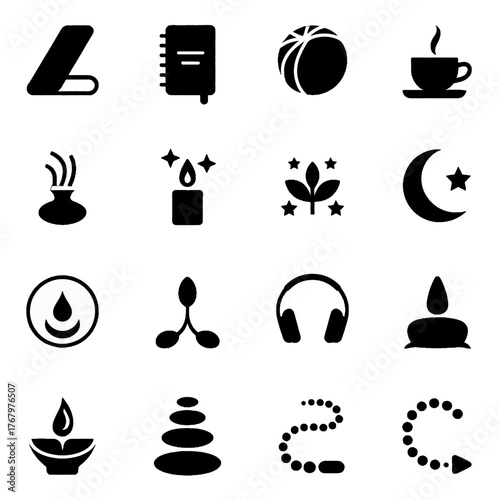 Collection of black silhouette icons representing wellness, relaxation, and mindfulness activities including yoga, meditation, tea, candles, and nature elements.