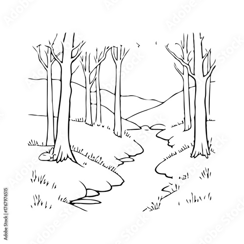 Simple line drawing of a serene forest landscape with a winding stream flowing through a clearing