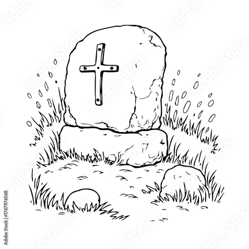 Simple tombstone drawing showcasing a cross symbol and surrounding foliage in a monochrome