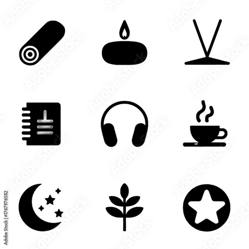 Collection of black silhouette icons representing relaxation, wellness, and daily activities including a candle, headphones, coffee cup, and moon with stars.