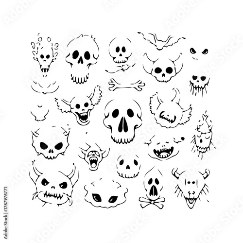 Spooky sketch collection with skulls demons bones for halloween illustrations graphic vector