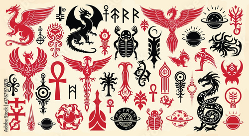 Vector collection of mythical creatures and ancient symbols, tattoo designs and fantasy elements, isolated graphic icons, flat style, black and red, decorative art