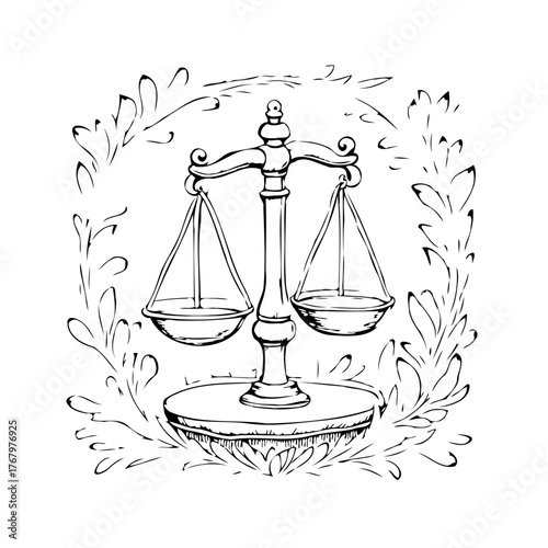 Stylized depiction of justice scales amidst laurel branches embodying legal integrity and
