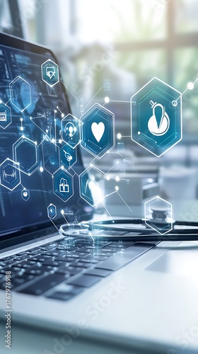 Laptop with Medical Icons Overlay and Stethoscope, Healthcare Technology and Innovation Concept