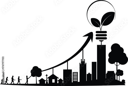 Sustainable growth illustration, urban development concept, eco-friendly cityscape, generational progress, green energy symbol, environmental innovation, black and white design, future planning