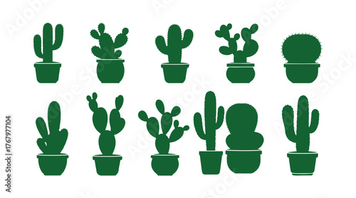 Group of green cactus outlines in pots. Isolated vector image on a white background