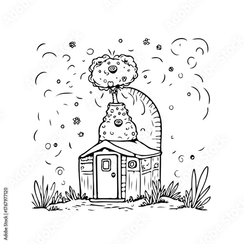 Stylized whimsical home with a playful architectural style and unique organic growths offering a