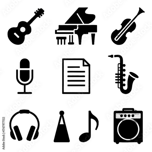 Collection of musical instruments and audio equipment icons including guitar, piano, violin, microphone, sheet music, saxophone, headphones, speaker, and musical notes