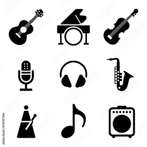 Collection of musical instrument and audio equipment icons in black silhouette style