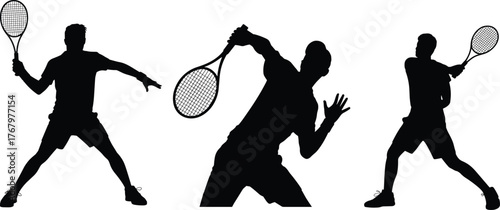 Tennis player silhouettes, sports action poses, racket movement, athletic figures, black vector icons, dynamic motion, fitness theme, outdoor activity, minimal design