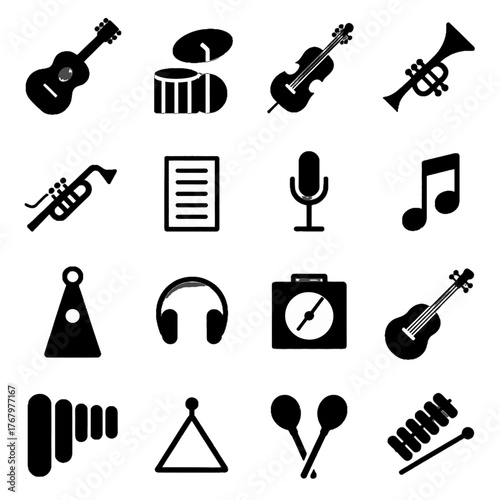 Collection of musical instruments and audio equipment icons in black silhouette style