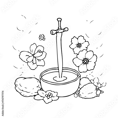 Sword in enchanted basin amid blooming flora depicts fantasy setting invoking tales of legend and