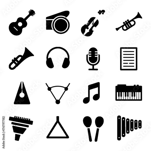 Collection of musical instrument and audio equipment icons in black silhouette style