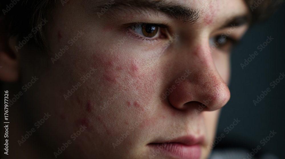 Obraz premium Close-up of a Young Man With Acne Reflecting Deep Thoughts in a Serene Indoor Setting During Daylight Hours
