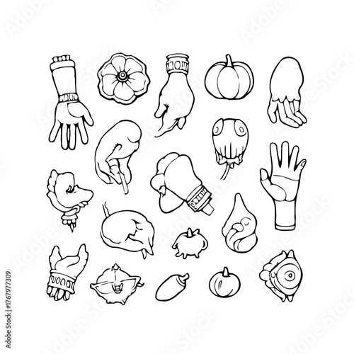 Unique collection of hand-drawn cartoon elements offering diverse design potential for creative