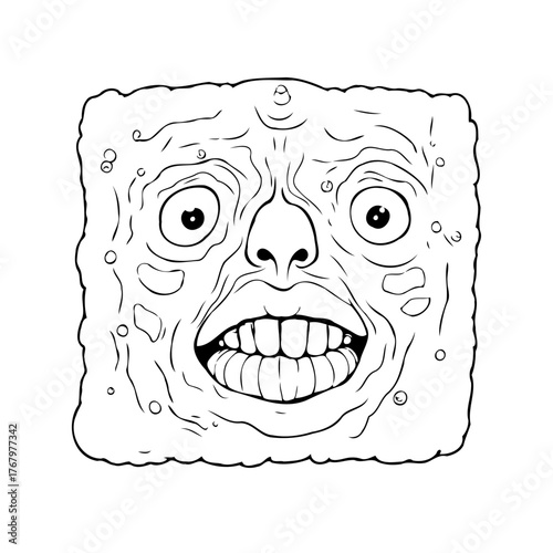Unusual square face drawing, surreal, abstract representation with a grotesque countenance and