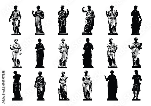Vector collection of classical statues silhouettes and detailed sculptures, artistic figures, black and white, graphic design, front and side views, culture concept