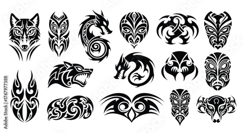 Vector tribal animal designs showcasing wolf, eagle, dragon, owl, and tiger motifs in a graphic art style with black silhouettes and intricate patterns
