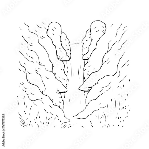 Waterfall cascade between rocky cliffs illustration depicting nature's beauty in a simple and