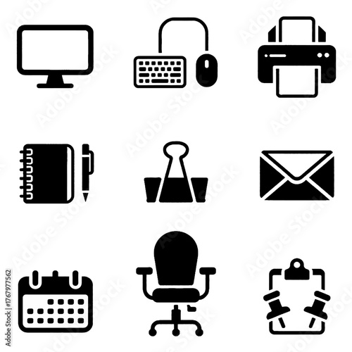 Set of office and workspace icons including computer, printer, calendar, chair, and stationery items