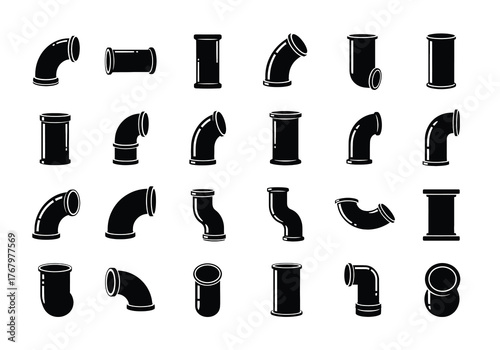 Vector illustration of various pipe fittings and connectors arranged in grid layout, plumbing components, black silhouette icons, simple graphic design, flat vector art