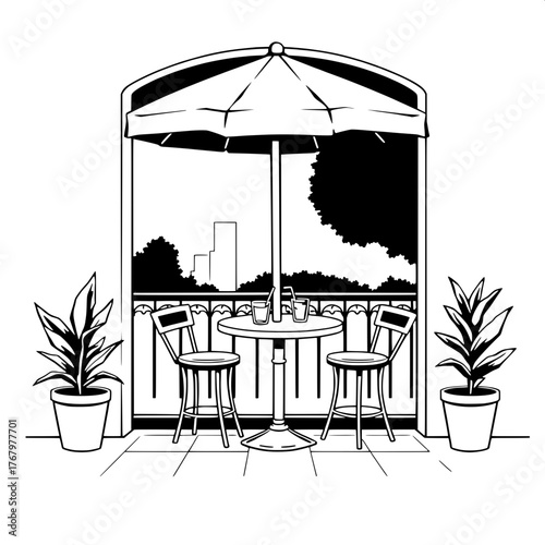 Graphic Novel Frame

A black-and-white graphic novel panel depicting a quiet café terrace. Central round table under an umbrella, two bar stools, and drinks arranged in symmetry. Clean outlines, unifo