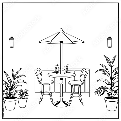 Graphic Novel Frame

A black-and-white graphic novel panel depicting a quiet café terrace. Central round table under an umbrella, two bar stools, and drinks arranged in symmetry. Clean outlines, unifo