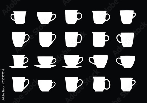 Vector collection of coffee cup icons, diverse mug shapes and styles, black silhouette set on white background, graphic design, digital illustration, flat view