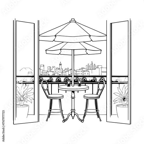 Graphic Novel Frame

A black-and-white graphic novel panel depicting a quiet café terrace. Central round table under an umbrella, two bar stools, and drinks arranged in symmetry. Clean outlines, unifo