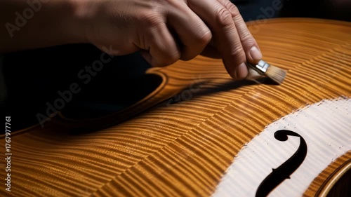 A hand brushes varnish onto the flamed wood back of a stringed musical instrument