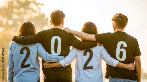 Group of young friends standing together with arms around each other, wearing shirts displaying numbers forming 2026. Captured from behind against warm morning sunlight, symbolizing unity, friendship
