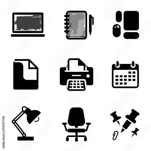 Set of office and workspace icons including laptop, notebook, printer, calendar, desk lamp, chair, and pushpins
