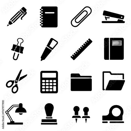 Collection of office and stationery icons including pens, notebooks, scissors, calculator, and desk lamp