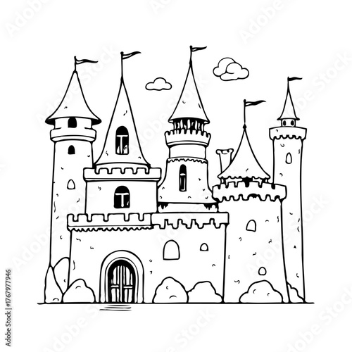 Whimsical castle illustration with spires, flags, and an arched entrance, evoking a sense of fairy