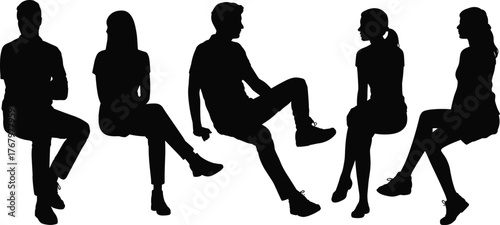 Sitting silhouette illustration, casual human poses, relaxed posture vector, black and white design, body language art, seated figure set, gesture study