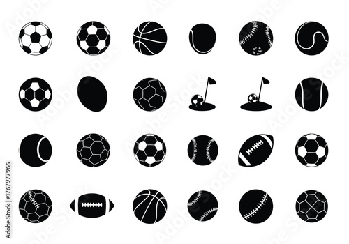 Vector illustration of various sports balls including soccer, basketball, baseball, tennis, and football icons in a seamless graphic design set