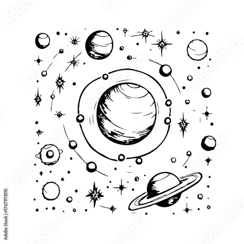 Whimsical cosmic drawing with planets stars and moons creating a charming celestial arrangement
