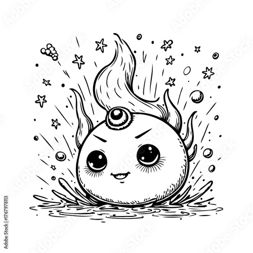 Whimsical cosmic being illustration with celestial sparkle and endearing facial expression