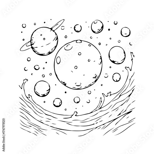 Whimsical cosmic illustration featuring planets stars and fluid waves capturing a sense of outer