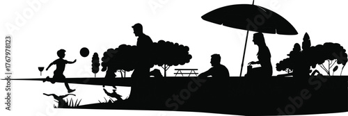 Park scene silhouette illustration, outdoor leisure and family time vector, black and white design, nature and community activity icon pack