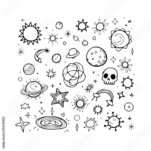 Whimsical cosmic sketch featuring planets stars sun and celestial elements in a playful