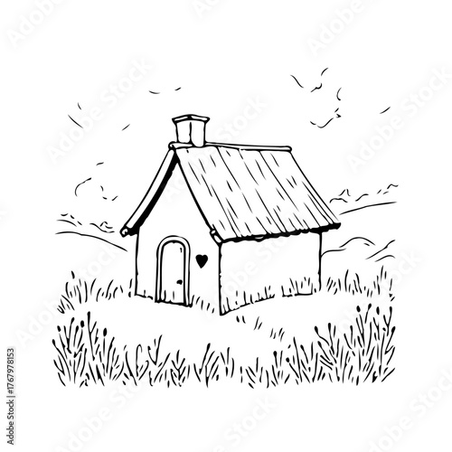 Whimsical countryside home line drawing a charming cottage amidst fields under a serene sky